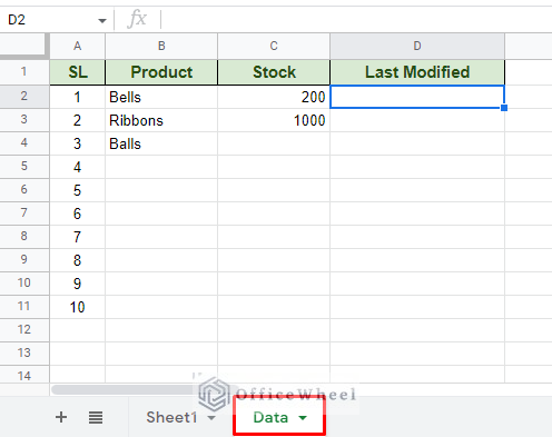 the data worksheet with dataset to generate the last modified timestamp